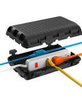 Rugged Weatherproof Outdoor Electrical Box With 9 Cable Entry Ports IP54 Waterproof Cord Cover for Power Strips showing open view with cables.