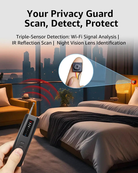 Hidden Camera Detector Pro With Advanced Anti Spy Tech RF Signal And GPS Tracker Finder scanning hotel room for privacy threats