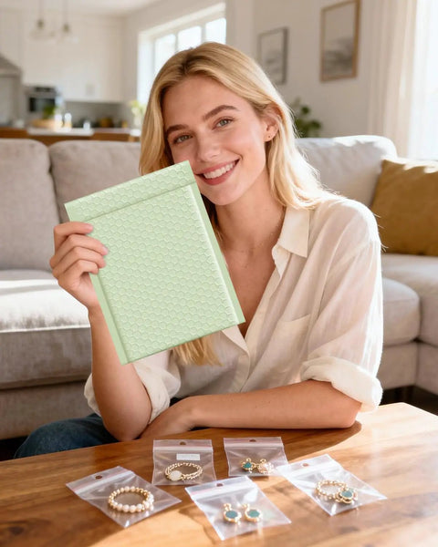 Person holding Mint Green Bubble Mailers 6x10 Outer, 6x9 Usable Size Self Seal Padded Envelopes with jewelry on table