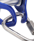 Close-up of blue metal Outdoor Zip Line Trolley For Quick Setup Ready To Go Heavy Duty Slider And Brake Stopper with carabiner