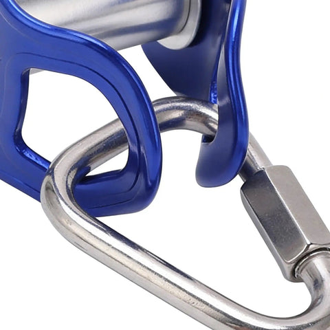 Close-up of blue metal Outdoor Zip Line Trolley For Quick Setup Ready To Go Heavy Duty Slider And Brake Stopper with carabiner