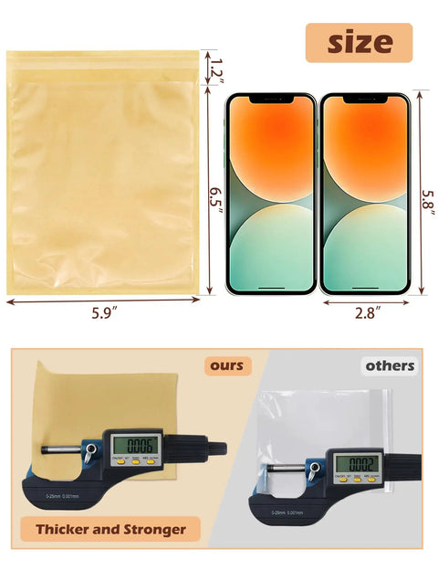 100 Pack Self Sealing Cookie Bags With Seal 5.9x6.5 Inch size comparison with smartphones and thickness measurement