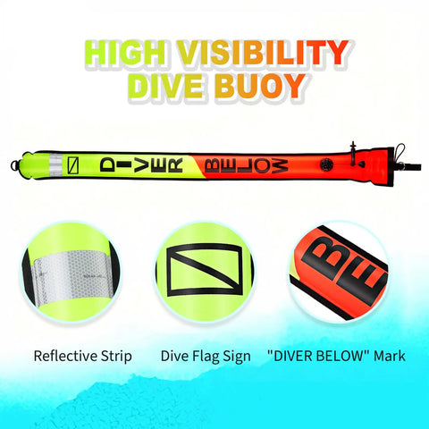 5ft Surface Marker Buoy for Diver Safety high visibility open bottom SMB with oral inflator and reflective strip in orange/yellow