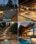 7 Inch LED Retaining Wall Light 4 Pack Linkable illuminating retaining wall, fire pit, pathway, and pool side at dusk