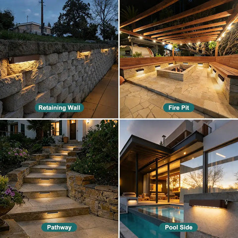 7 Inch LED Retaining Wall Light 4 Pack Linkable illuminating retaining wall, fire pit, pathway, and pool side at dusk