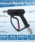 Beefy Pressure Washer Short Gun 5000 PSI Ten And A Half GPM Power Packed Spray Gun With Swivel Quick Connect, side view.