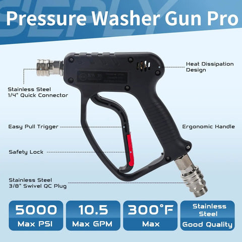 Beefy Pressure Washer Short Gun 5000 PSI Ten And A Half GPM Power Packed Spray Gun With Swivel Quick Connect, side view.