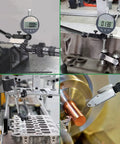 Magnetic base stand with dial indicator, black, 176 lb pull; multiple-view collage (front, side, installed).