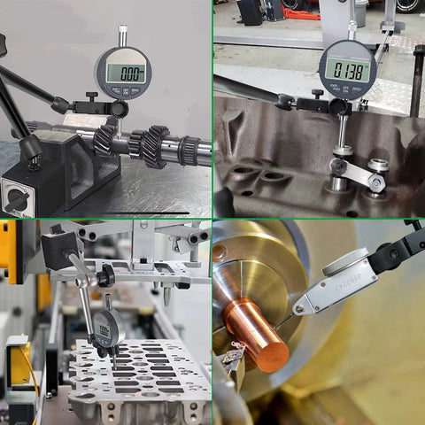 Magnetic base stand with dial indicator, black, 176 lb pull; multiple-view collage (front, side, installed).