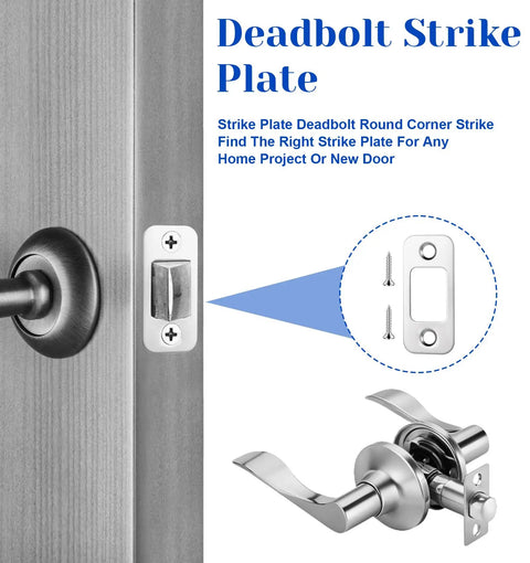 Door with installed deadbolt and 2 Pack Door Lock Plate Strike Plates For Exterior Doors One Inch By Two And One Quarter Inch