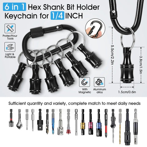 Flexible Drill Bit Extension Set With Hex Shank Bit Holder Keychain And 105 Degree Right Angle Attachments, 6-in-1 kit shown