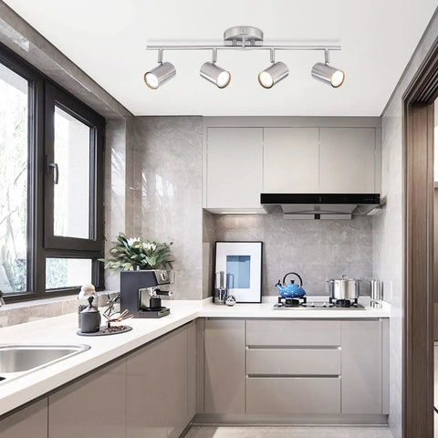 4 Light Brushed Nickel Track Lighting Kit with Adjustable GU10 Heads for Ceiling Install in modern kitchen setup
