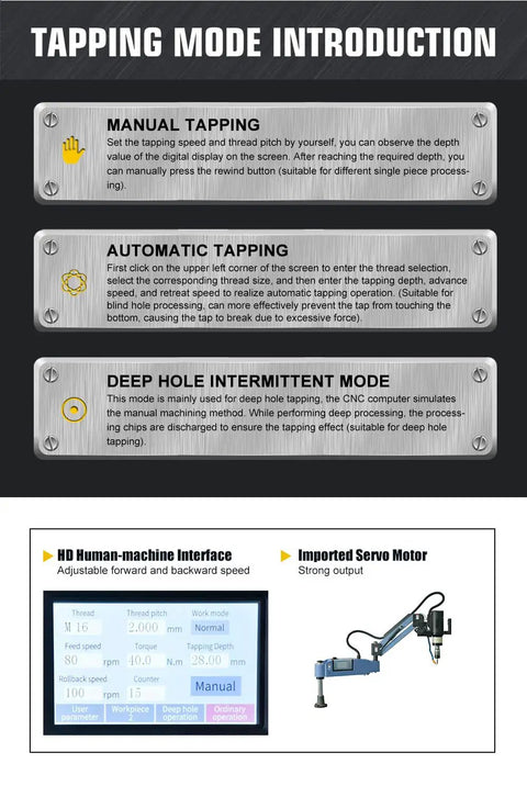 Tapping mode introduction for Electric Tapping Machine M3 to M16 with 360 Degree Arm, manual and automatic features highlighted.