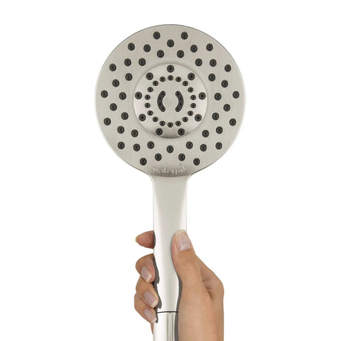 Hand holding UltraThin Handheld Shower Head With PowerPulse Massage, Five Spray Modes, Large Six Inch Rainfall Head, Brushed Nickel Finish.