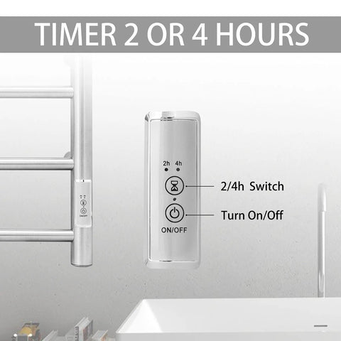 Wall Mounted Heated Towel Warmer With Built In Timer Four Bar Stainless Steel Rack Brushed Nickel For Bathroom IP56 Waterproof Plug In 120V Quick Warm Towels And Cozy Dry After Shower control panel with 2/4 hour timer and on/off button.