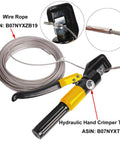 Hydraulic hand crimper tool with 1/8 inch wire rope, showcasing usage for 60 Pack Swage Threaded Stud End Fittings For 3 16 Inch Cable Deck Railing Hand Swage In 316 Stainless Steel Marine Grade With Washer And Lock Nut For Outdoor Marine Decks And Railing Projects.