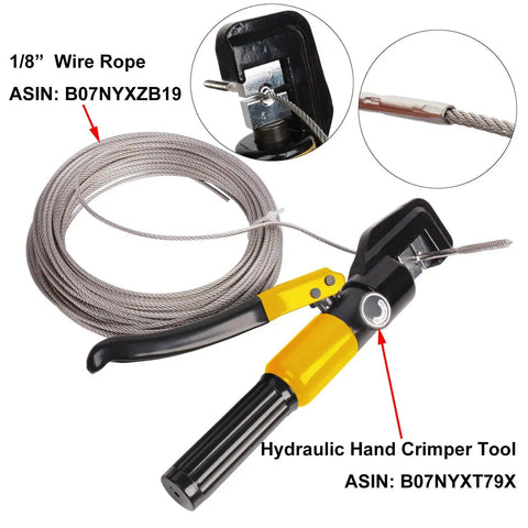 Hydraulic hand crimper tool with 1/8 inch wire rope, showcasing usage for 60 Pack Swage Threaded Stud End Fittings For 3 16 Inch Cable Deck Railing Hand Swage In 316 Stainless Steel Marine Grade With Washer And Lock Nut For Outdoor Marine Decks And Railing Projects.