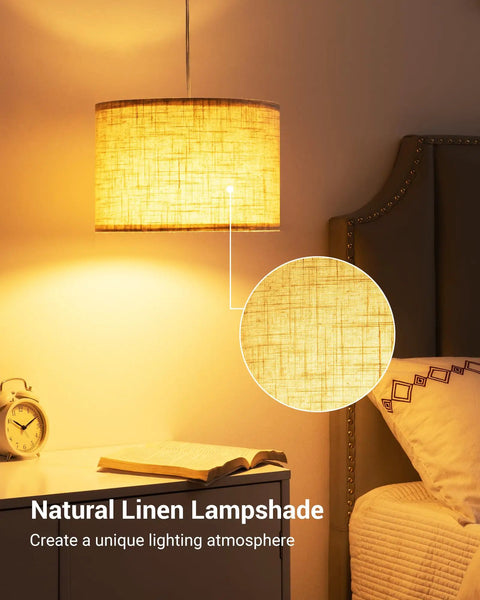 Plug In Pendant Light With Beige Linen Shade, 15 Ft Clear Cord, On Off Switch, warm light in bedroom setting