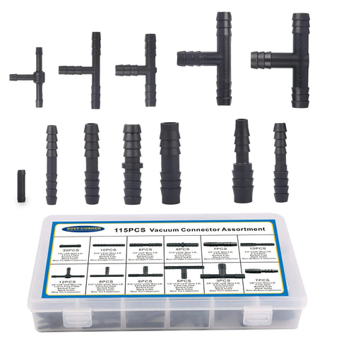 115-piece Busy-Corner nylon vacuum connector kit; heat-resistant to 240°C with automotive tees and fittings.