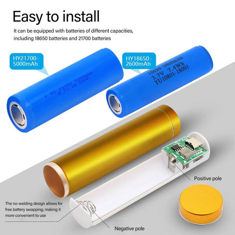 Tool Less Hassle Free Power Bank Kit featuring spring loaded cylindrical holders with blue 18650 and 21700 batteries and gold casing.