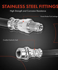 Close-up of Front Brake Hydraulic Hose For Ford Escape, Mazda Tribute, And Mercury Mariner, showing stainless steel fittings.