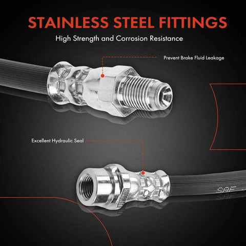 Close-up of Front Brake Hydraulic Hose For Ford Escape, Mazda Tribute, And Mercury Mariner, showing stainless steel fittings.