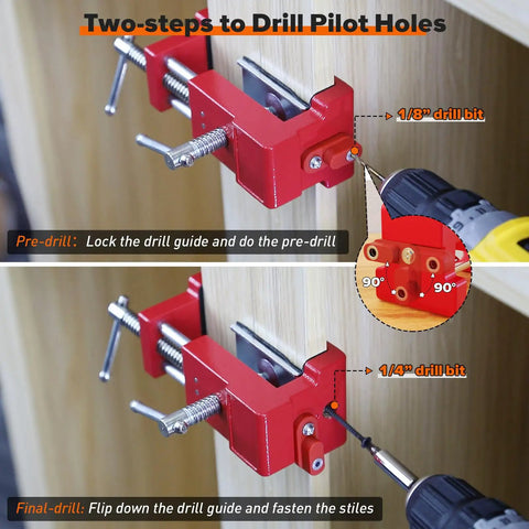 Heavy Duty Cabinet Clamp Set For Face Frame Cabinets With Alignment Plate And Dual Side Screws 2 Pack Delivers Pro Grade Precision And Quick Install Up To 440 Lbs Red showing drilling setup