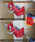 Two images showing Heavy Duty Cabinet Clamps For Face Frame Cabinetry 4 Pack Red with drill guide and side screws in use.