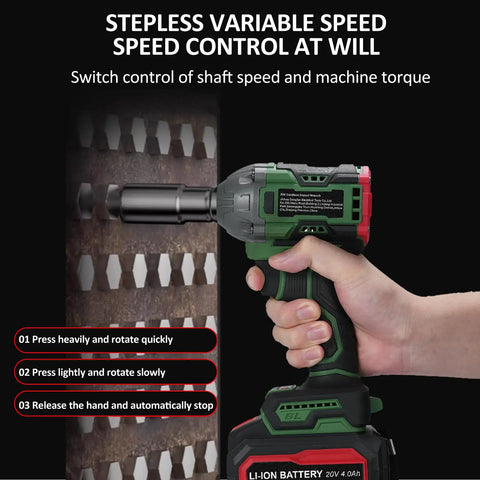 Klanata Cordless Brushless Impact Wrench 20V 1/2-Inch Drive with variable speed control and 4Ah battery in use.