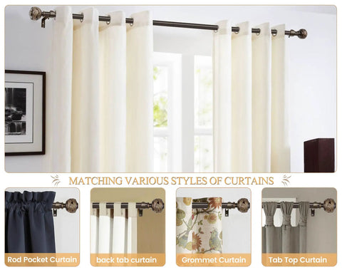 Bronze Telescoping Curtain Rod With Splicing Design Adjustable 32 To 58 Inches 7/8 Inch Diameter Leaf Finials shown with curtains