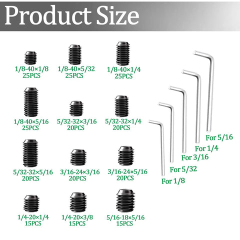 Image of Beefy 535 Piece Set Screw Kit With Metric And SAE Sizes, screws and hex wrenches displayed in various sizes.