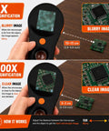 Handheld Digital Microscope 500x With 2.0 Inch IPS Screen For Real Time Viewing, USB Connection, showing 1x and 500x PCB views