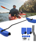 Inflatable Kayak Outrigger Stabilizer Kit For Canoes And Boats PVC Floating Stabilizer shown with kayak, parts and installation illustration.