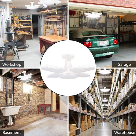 4 Pack LED Garage Lights 60W 6000LM Deformable Ceiling Fixtures E26 Dimmable 6500K Daylight Four Leaf Design in workshop, garage, basement, warehouse environments