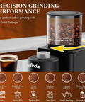 Wancle Electric Conical Burr Coffee Grinder With 25 Adjustable Grind Settings For Espresso Drip And French Press showing grind settings and coffee beans.