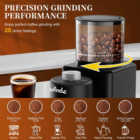 Wancle Electric Conical Burr Coffee Grinder With 25 Adjustable Grind Settings For Espresso Drip And French Press showing grind settings and coffee beans.