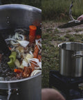 B5350A Propane Burner Cooker Heavy Duty Outdoor Stove with steel braided regulator hose in use for boiling vegetables outdoors