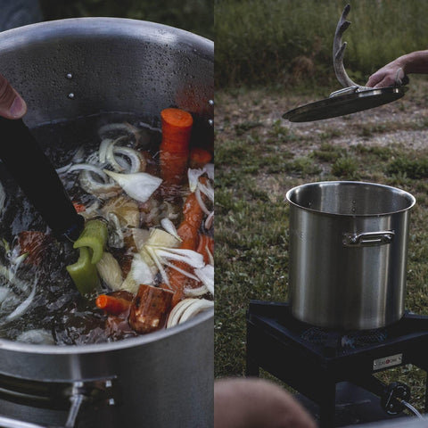 B5350A Propane Burner Cooker Heavy Duty Outdoor Stove with steel braided regulator hose in use for boiling vegetables outdoors