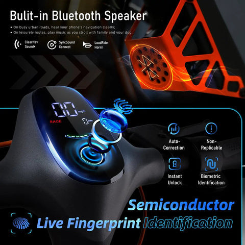 Close-up of control panel on Dual Motor 1600W Electric Scooter For Adults with built-in Bluetooth and fingerprint sensor.