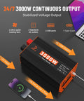 Beast 3000W Power Inverter 12V DC To 110V AC with 3 AC outlets, USB ports, Type-C port, and LCD screen next to laptop and phone