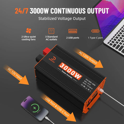 Beast 3000W Power Inverter 12V DC To 110V AC with 3 AC outlets, USB ports, Type-C port, and LCD screen next to laptop and phone