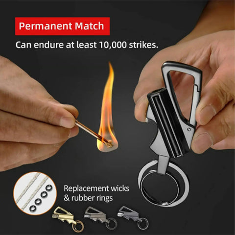 3 In 1 Lighter With Permanent Match Function, shown igniting a flame, multitool keychain bottle opener detail, black color