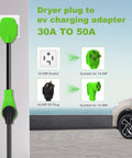 Heavy Duty Nema 14-30p To 14-50r EV Charger Adapter Converts Dryer Outlet To 50 Amp Power, showing plugs and socket options.