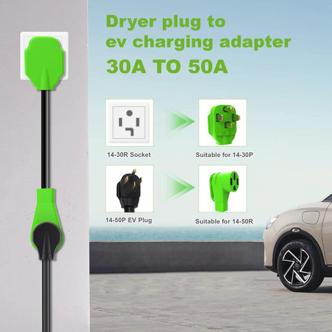 Heavy Duty Nema 14-30p To 14-50r EV Charger Adapter Converts Dryer Outlet To 50 Amp Power, showing plugs and socket options.