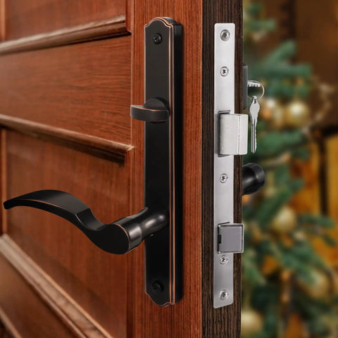 Top Tier Hinged Patio Door System With Slick Lever Handle Mortise Lock For Screen Storm Door Quick Fix Oil Rubbed Bronze close-up
