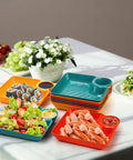12 Piece Chip and Dip Serving Platter Set BPA Free Plastic Snack Trays With Built In Sauce Compartments, colorful trays with sushi and salad.