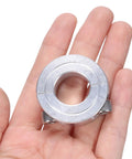 Double Split Clamp On Shaft Collar For 3/4 Inch Shaft in a hand, aluminum, two-piece clamping collar, 1-1/2 inch OD, 1/2 inch thickness.