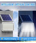 JUDYSSY Solar Outdoor Courtyard Lights 5-in-1 Led Beads High-Power Floodlights showing solar panel and LED light in day and night