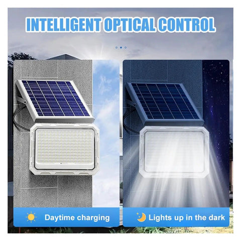 JUDYSSY Solar Outdoor Courtyard Lights 5-in-1 Led Beads High-Power Floodlights showing solar panel and LED light in day and night