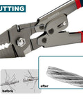 Premium Wire Rope Crimp Tool Kit With Built In Cutter For DIYers showcasing cutting feature with before and after results